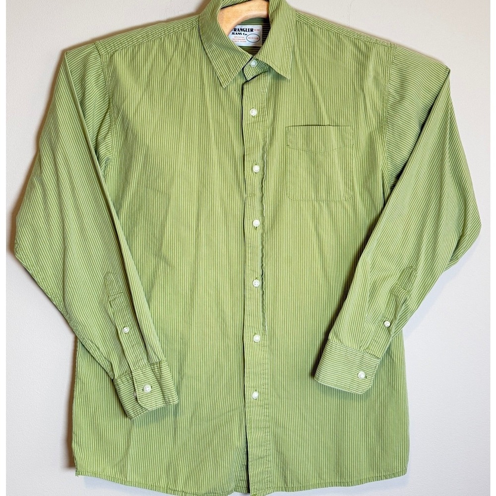 Wrangler Jeans Co Mens M Green Pinstripe Button Down Shirt Workwear Western